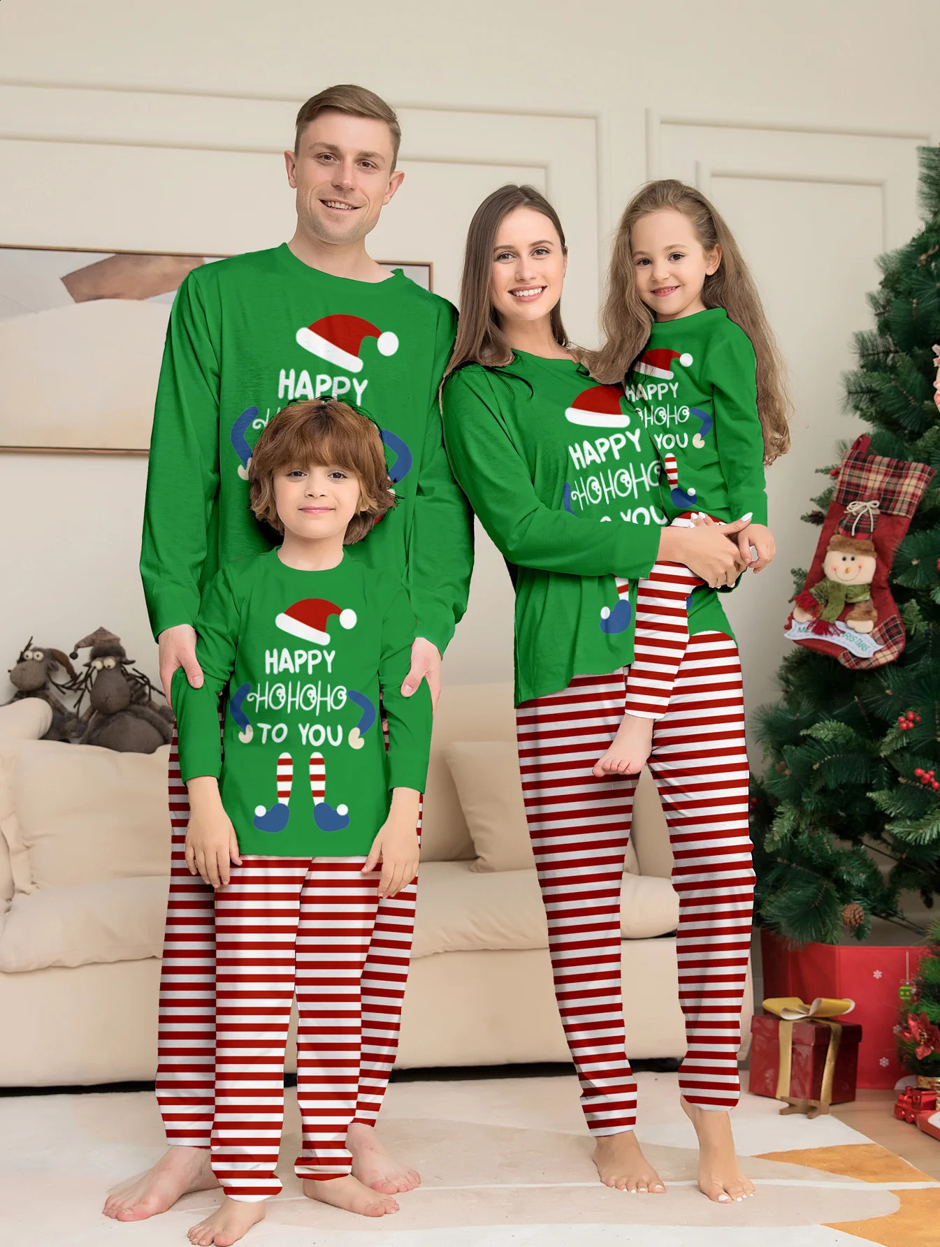 Christmas Family Sleepwear Set Elf Happy HoHoHo to You Green Top Red White Striped Pajamas for All Family Members 251027