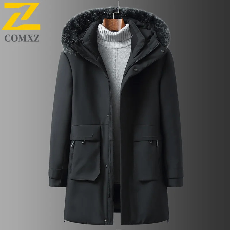 COMXZ Men Long Down Jacket Fur Collar Hooded Outdoor Office Thickened Warm Puffer Coat Casual Travel Lightweight Winter Jackets 251023