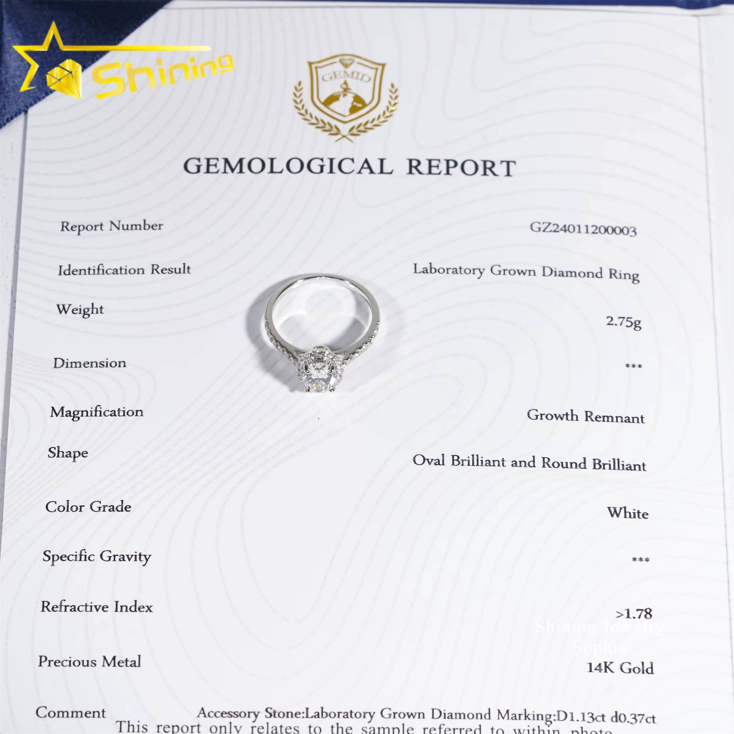 IGI Certificate Oval Cut Solitaire Design 14K Real Solid Gold 113carat Lab Grown Diamond Rings Women Engagement Ring