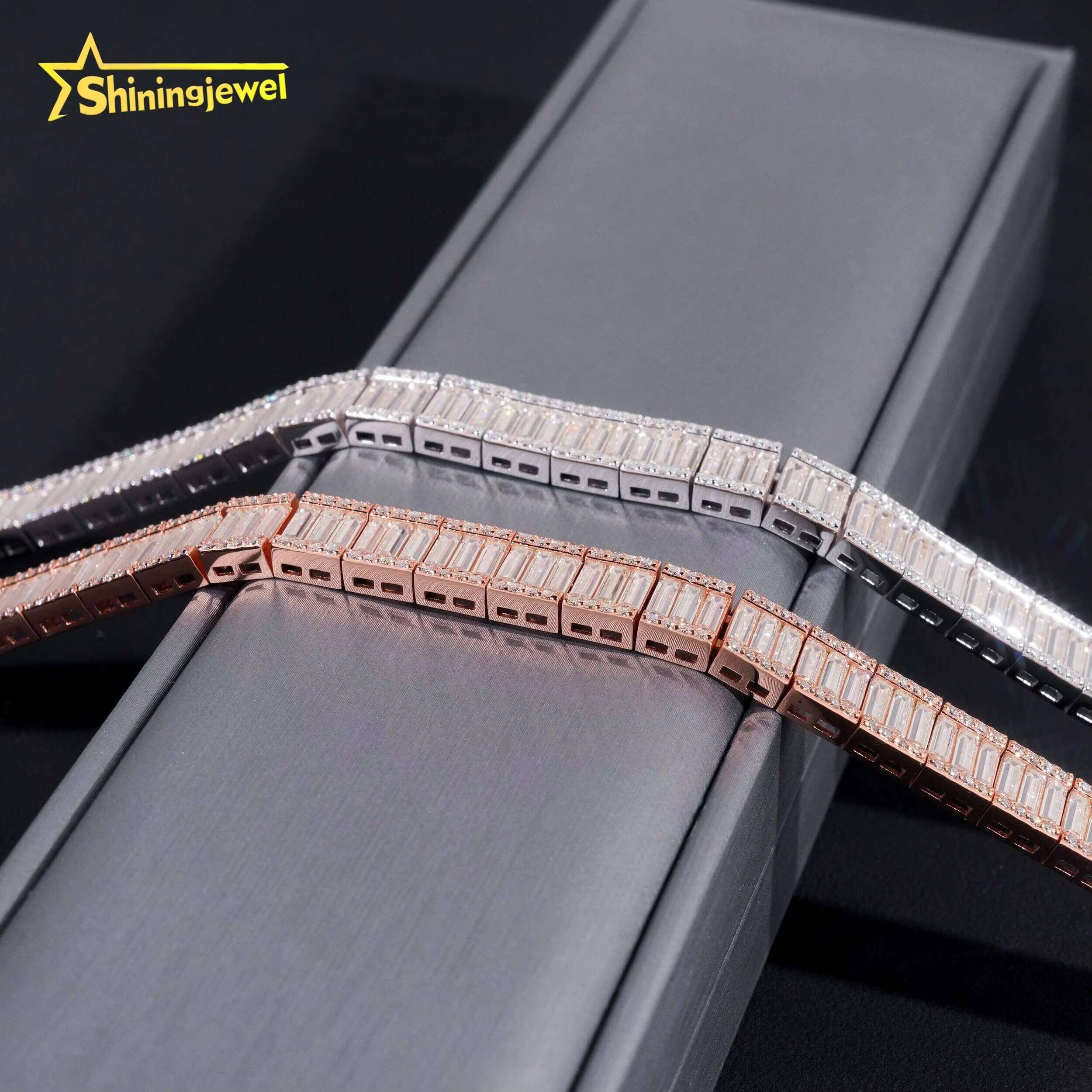 Luxury Jewelry Hip Hop Style 925 Sterling Silver 9mm Width Baguette Diamond Moissanite Tennis Bracelet