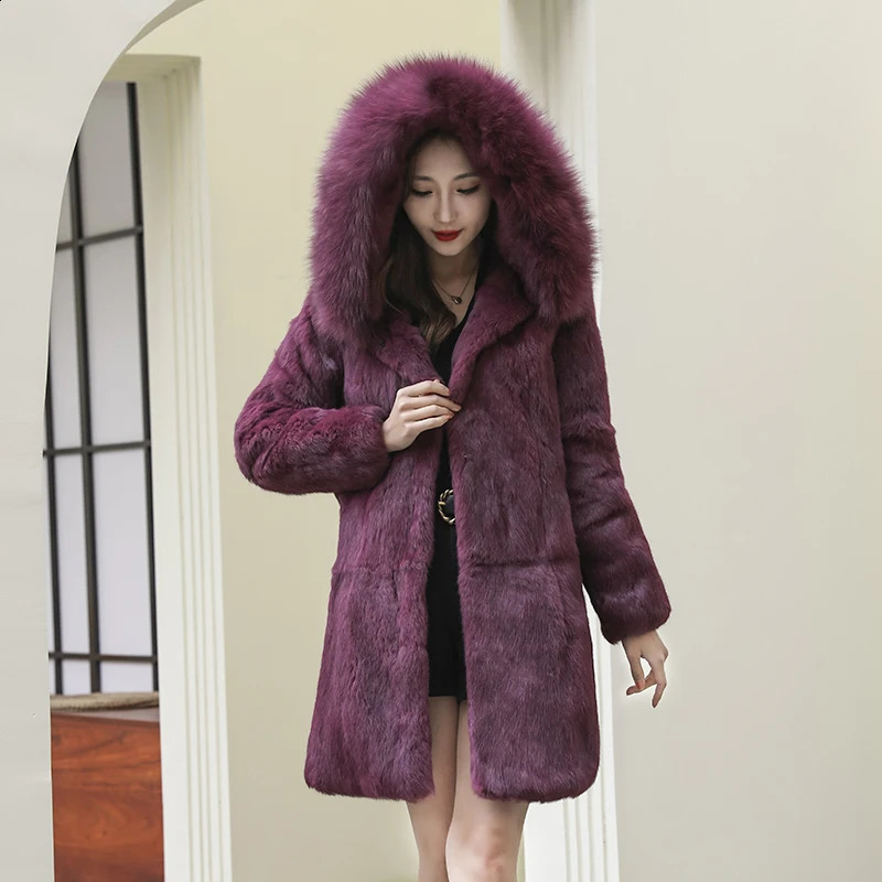 Winter Natural Fur Full Pelt Rabbit Fur Coat with Fox Fur Hooded Collar Women Fox Fur Jacket Customize Big Size 251027