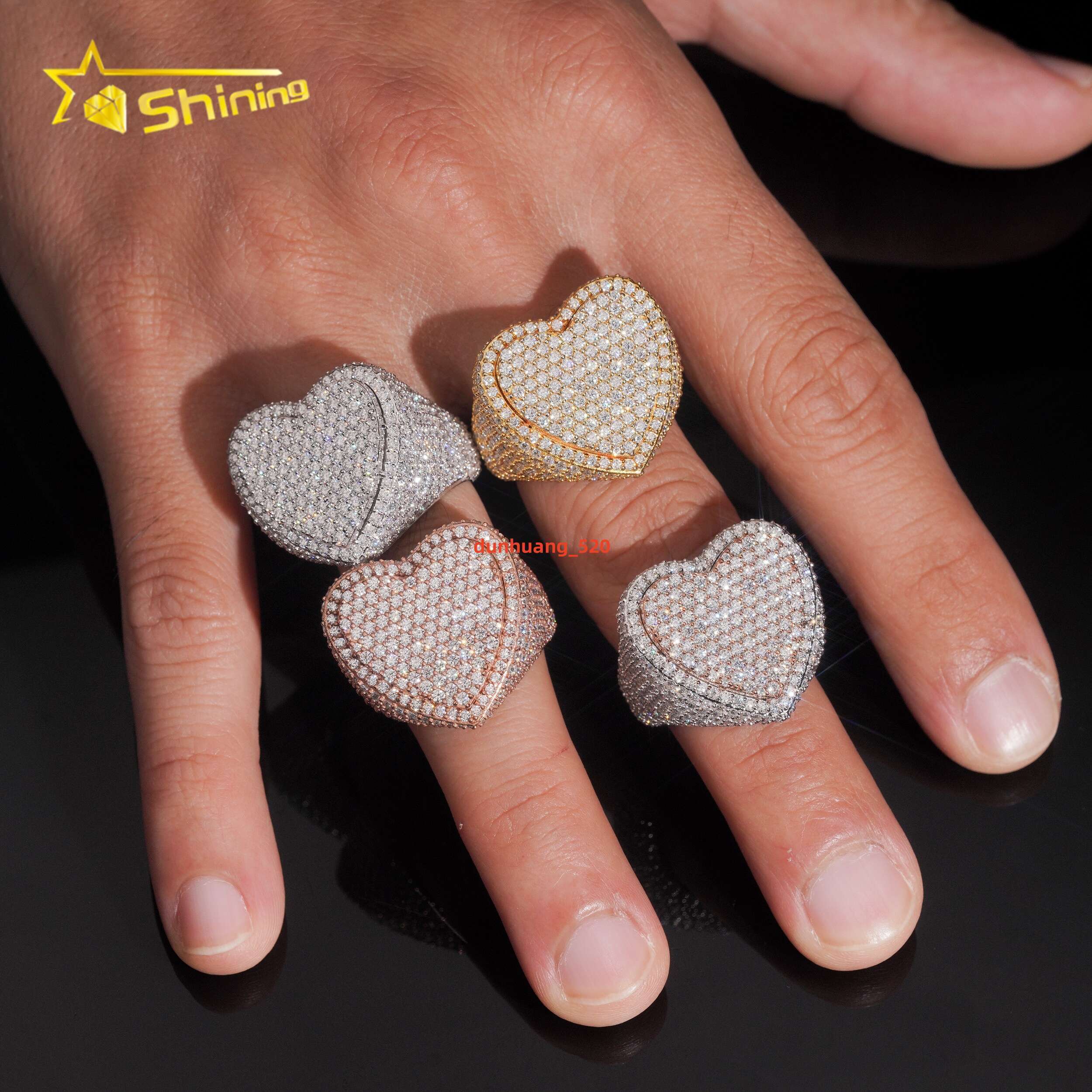 Heart ShapeIced Out Moissanite Ring GRA Pass Diamond Test 925 Sterling Silver Gold Plated Hip Hop Mens Rings