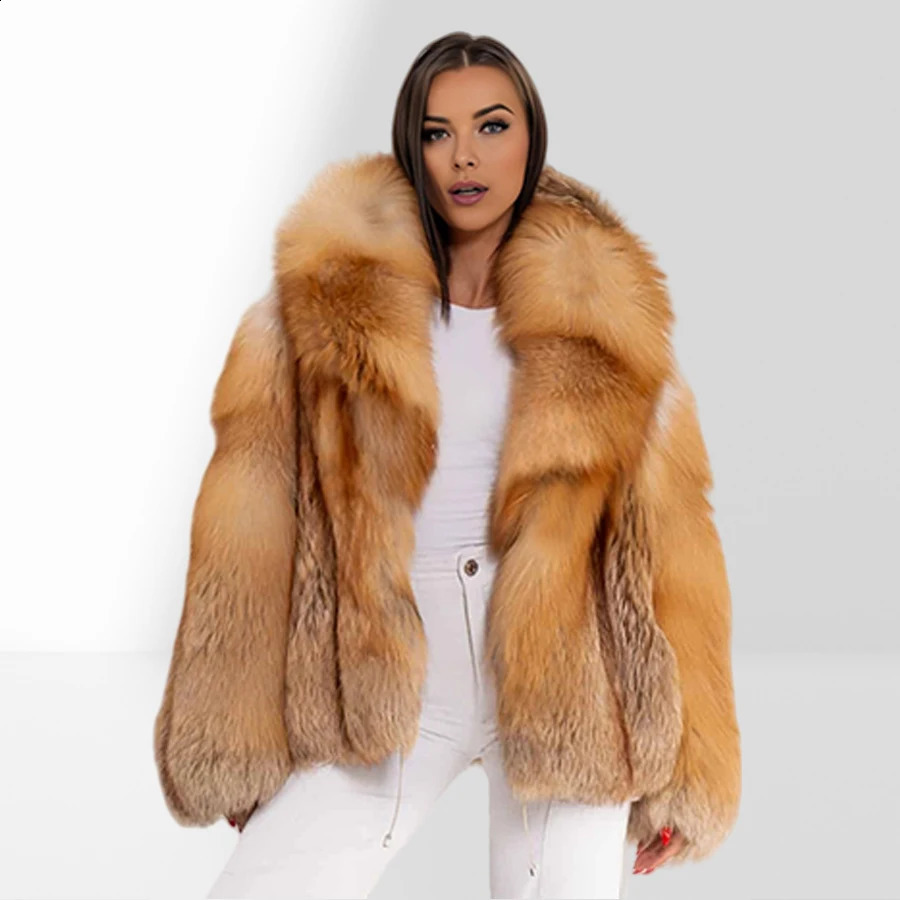 Natural Red Fox Fur Jacket With Big Collar Long Full Skin Fox Fur Coat Furry Jacket Arrival Womens Leather Jacket 251027