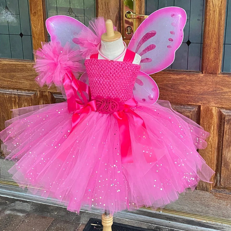 Girls Pink Glitter Tulle Dress Kids Butterfly Fairy Tutu Dresses with Wing and Stick Hairbow Children Halloween Cosplay Costume 251023