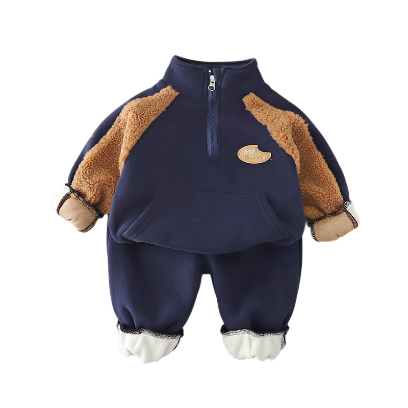 Free Shipping 2025 Boys Winter 2-Piece Set, Fleece-Lined Half-Zip Hoodie Outfit, Fashion Thermal Clothing for Toddler Boys