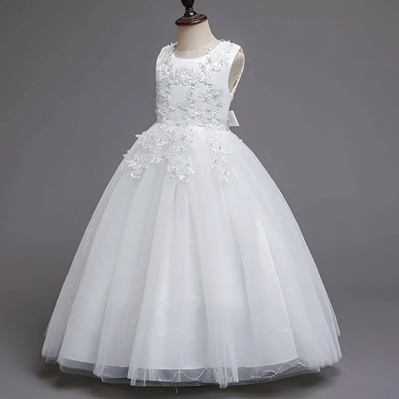 Girls White Lace Pearl Flower Princess Dress For Sequins Sleeveless First Communion Bridesmaid Wedding Formal Evening Long Gown 251023