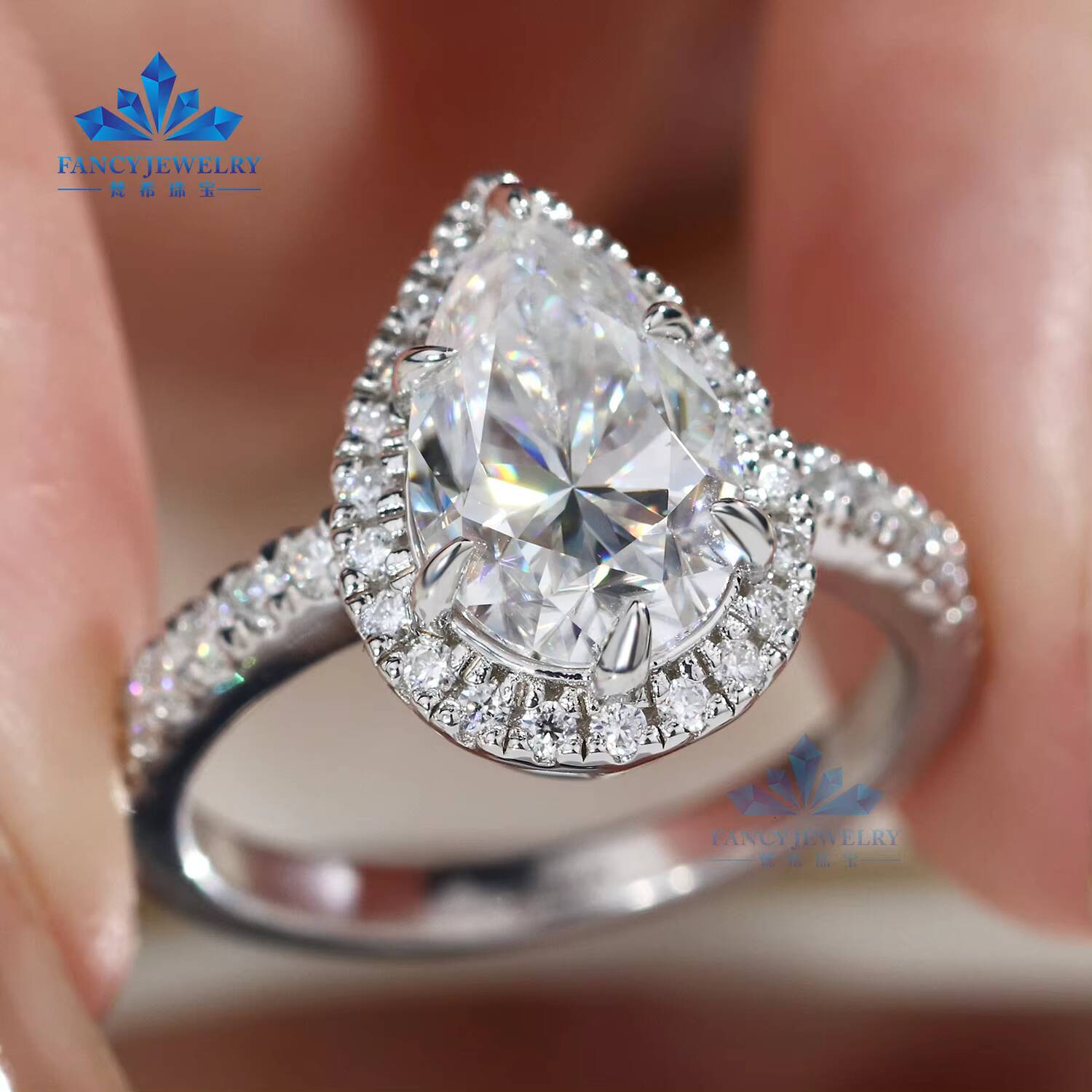 Custom 1CT5CT Pear Cut Moissanite Halo Ring Pass Diamond Tester 925 Silver 14K 18K White Gold Diamond Rings for Wedding