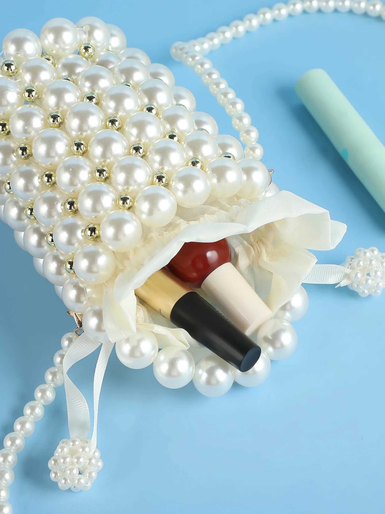 Elegant Womens Handbag with Detachable Pearl Chain Shoulder Strap Handmade Bucket Bag for Dinner Party Evening Gown H251027