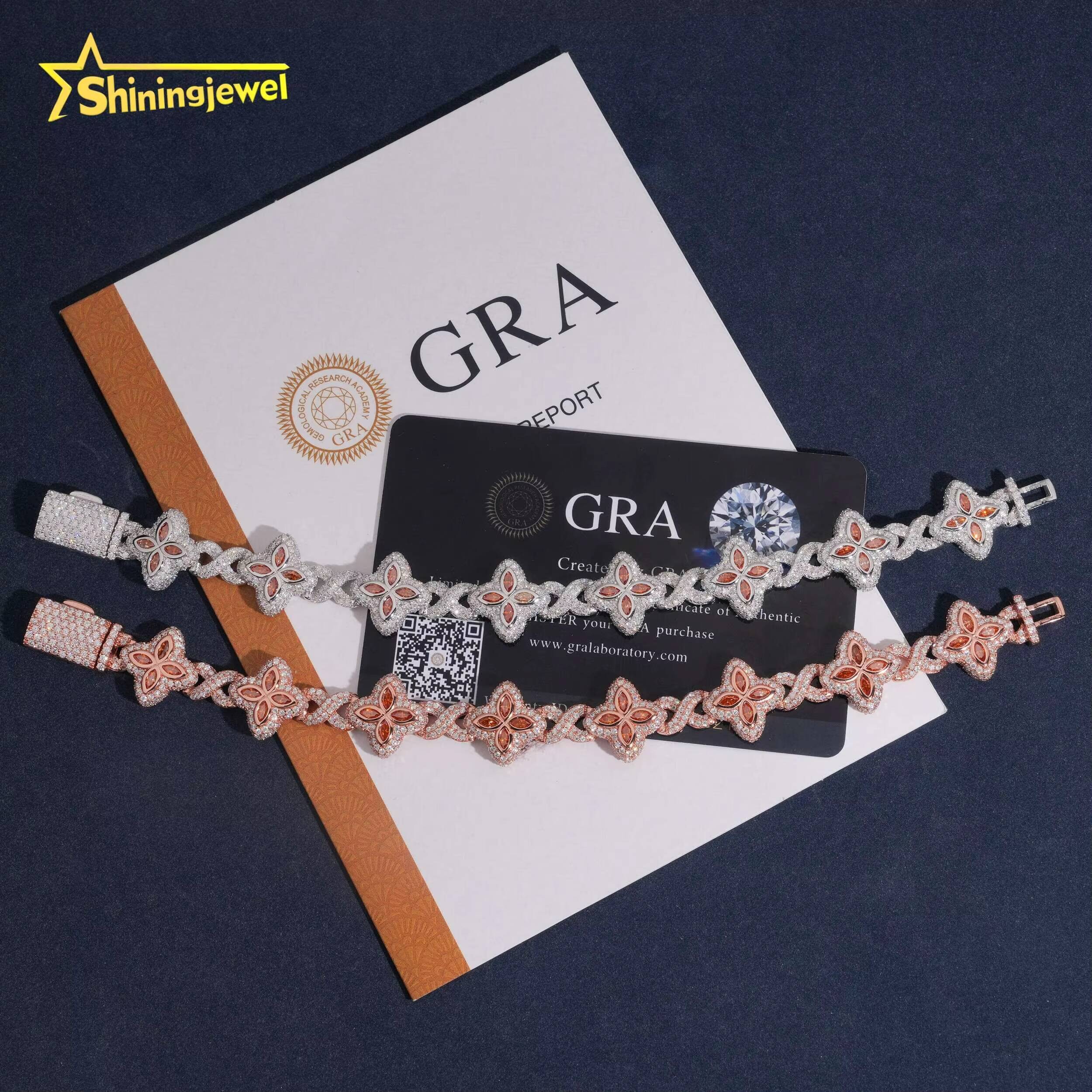 15MM 925 Silver Fanta Color Moissanite Four Leaf Clover Bracelet Hip Hop Jewelry Custom Iced Out Moissanite Cuban Bracelet