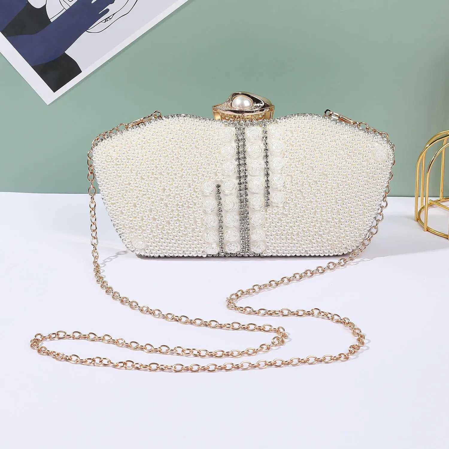 rhinestone evening bags Chain Clutch Bag Set with Diamond Pearl One Shoulder for Evening Wedding Party Dresses Made Crystal H251027