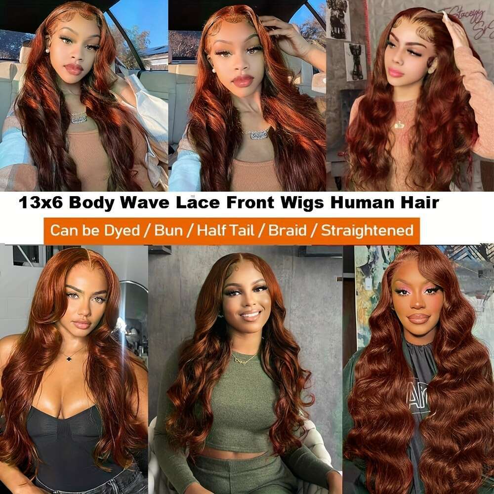 350 Ginger Body Wave Brazilian Human Wig - 13X4 Transparent Lace Front With Pre-Plucked Hairline Base 100% Remy Hair 180% Density Voluminous Waves Nat