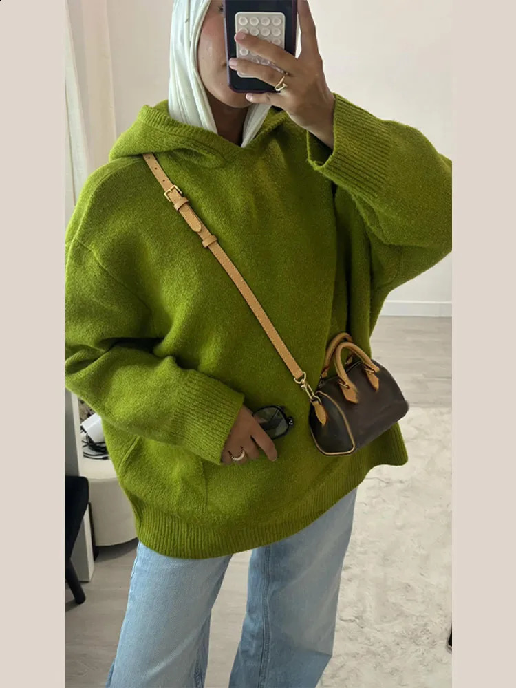 Soft Solid Knit Hooded Loose Sweater Slouchy Long Sleeve Drop Shoulder Pocketed 2025 Autumn Cozy Women Top Casual Lady Jumper 251027