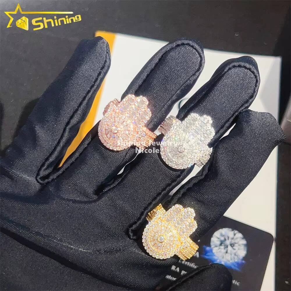Wholesale Price High Quality Baguette Diamond 925 Silver Rings Hip Hop Moissanite Hamsa Hand Ring