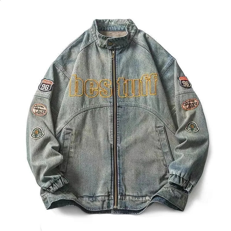 Vintage washing denim jacket mens loose paired with zipper top letter embroidered street clothing hiphop casual 251017