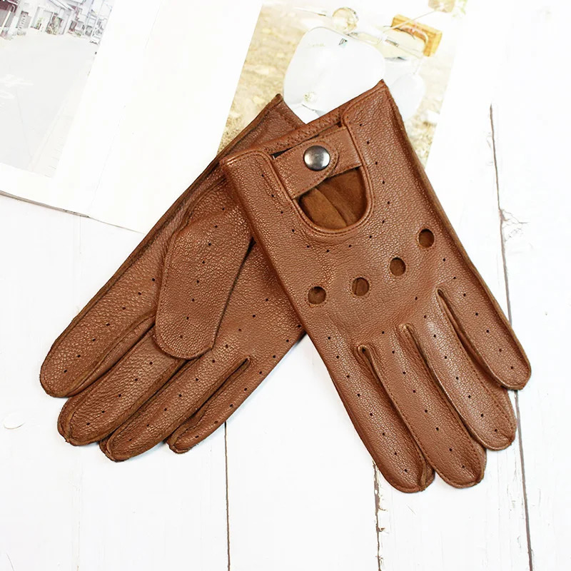 Summer Driving Deerskin Full Finger Leather Gloves for Mens Thin Hollow Unlined Motorcycle Riding Mens Fashion Driver Gloves 251027