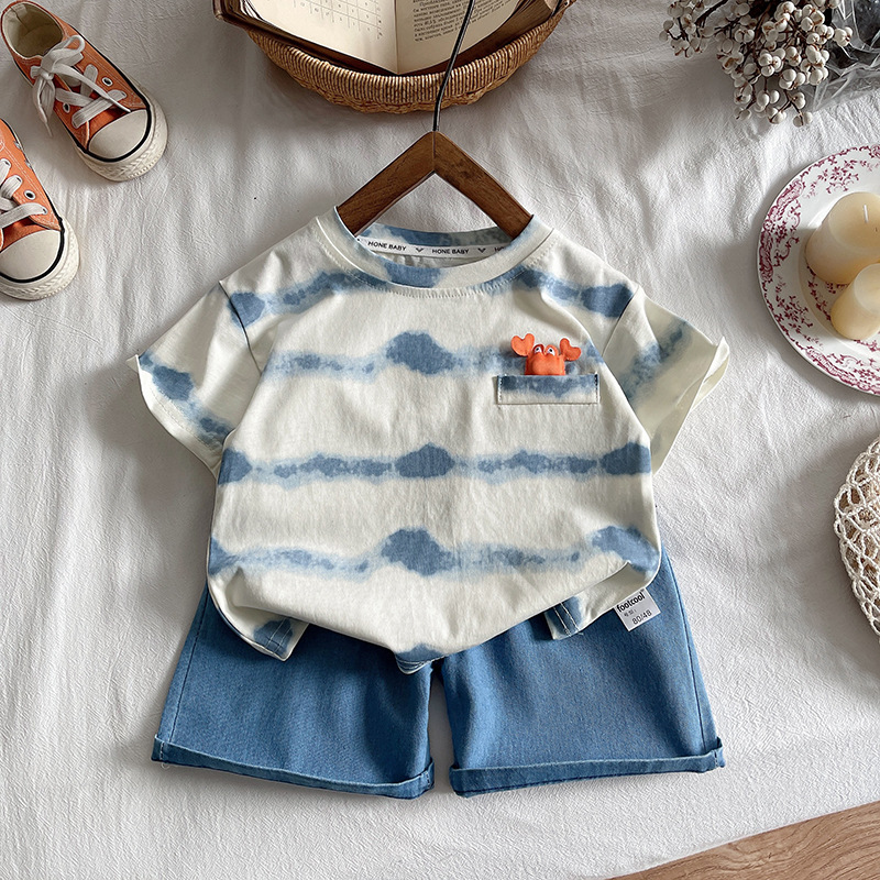 Free Shipping 2025 Boys Summer Outfit, Crab Print Stripe Short Sleeve 2-Piece Set, Casual Beach Clothing for Baby Boy & Toddler