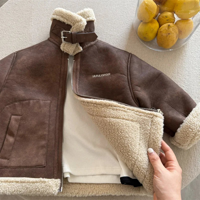 Childrens jacket winter boys and girls embroidered letter jacket baby standup collar fur jacket 251027