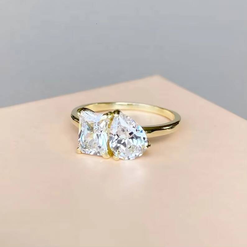Goldleaf Jewellery 14k Solid Yellow Gold Double Stone Wedding Ring Rectangle Cut Pear Cut D VVS Moissanite Bride Ring Engagement