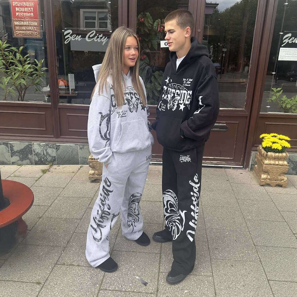 Unique Butterfly Letter Print Vintage Loose Hoodie and Straight Casual Sweatpants