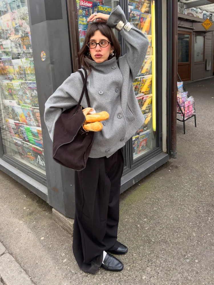 Street Solid Loose Womens Short Overcoat Stand Collar Long Sleeve Double Breasted Woolen Coat Fashion Allmatch Ladies Tops 251028