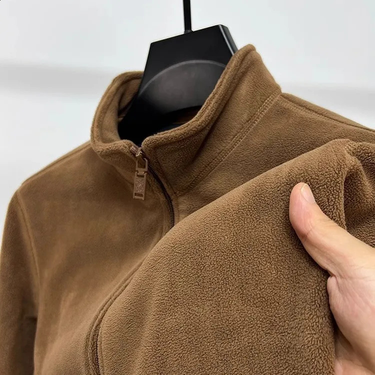 Mens Double Sided Fleece Jacket with Stand Up Collar and Zipper Warm Windproof Windbreaker Casual Sportswear 251027