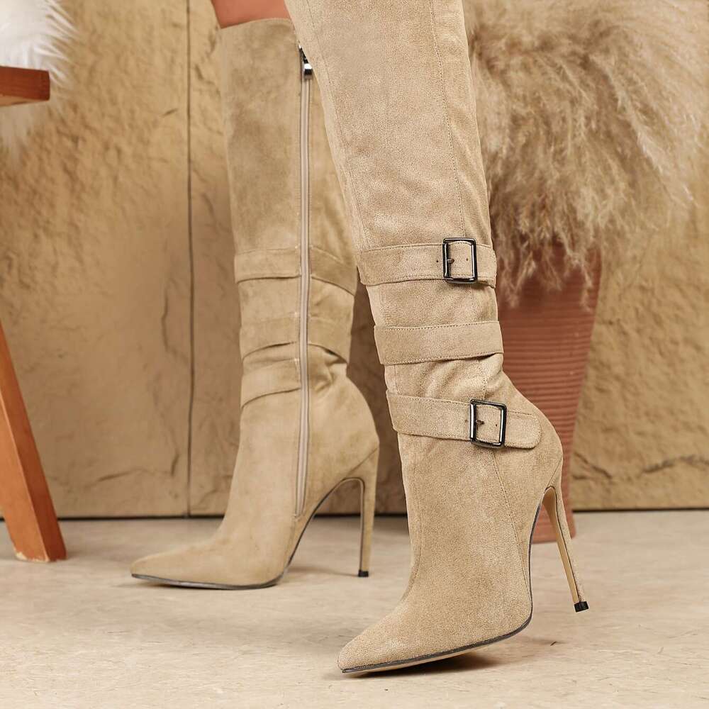 Women's Pointed Toe Stiletto Heel Knee-High With Adjustable Buckle Straps & Side Zipper - Elegant Beige Cover-Like Boots For Versatile Casual To 
