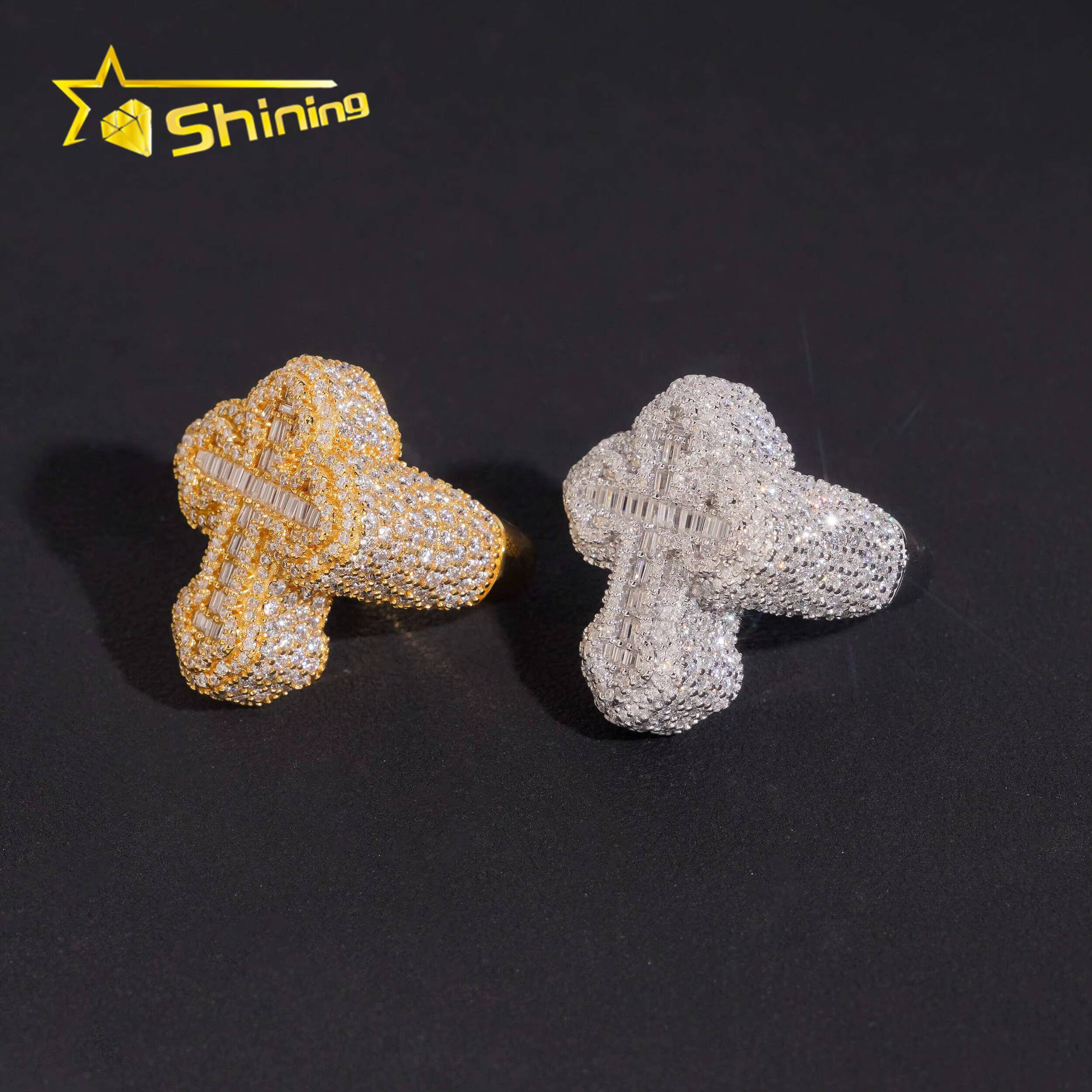 Baguette Moissanite Iced Out Cross Ring GRA Moissanite 925 Sterling Silver Gold Plated Hip Hop Mens Rings New in Stock