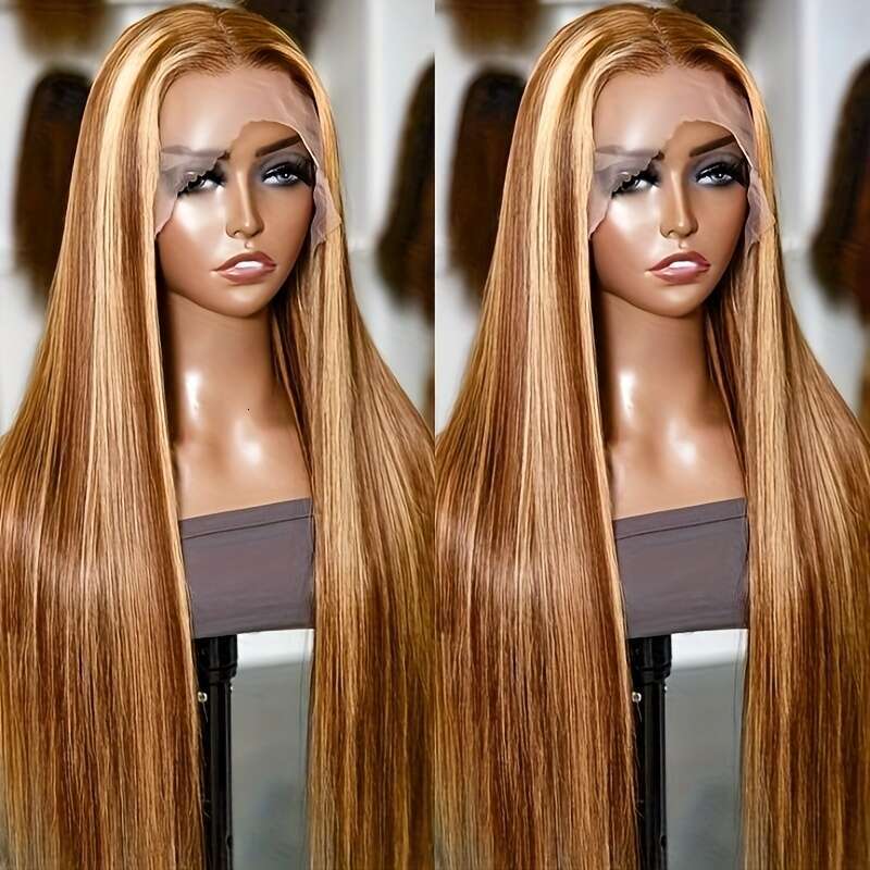 Honey Blonde Wig 13X4 HD Transparent 4/27 Highlight Ombre Lace Front Pre Plucked With Baby 200% Density Straight Glueless Human Hair Wigs For Women