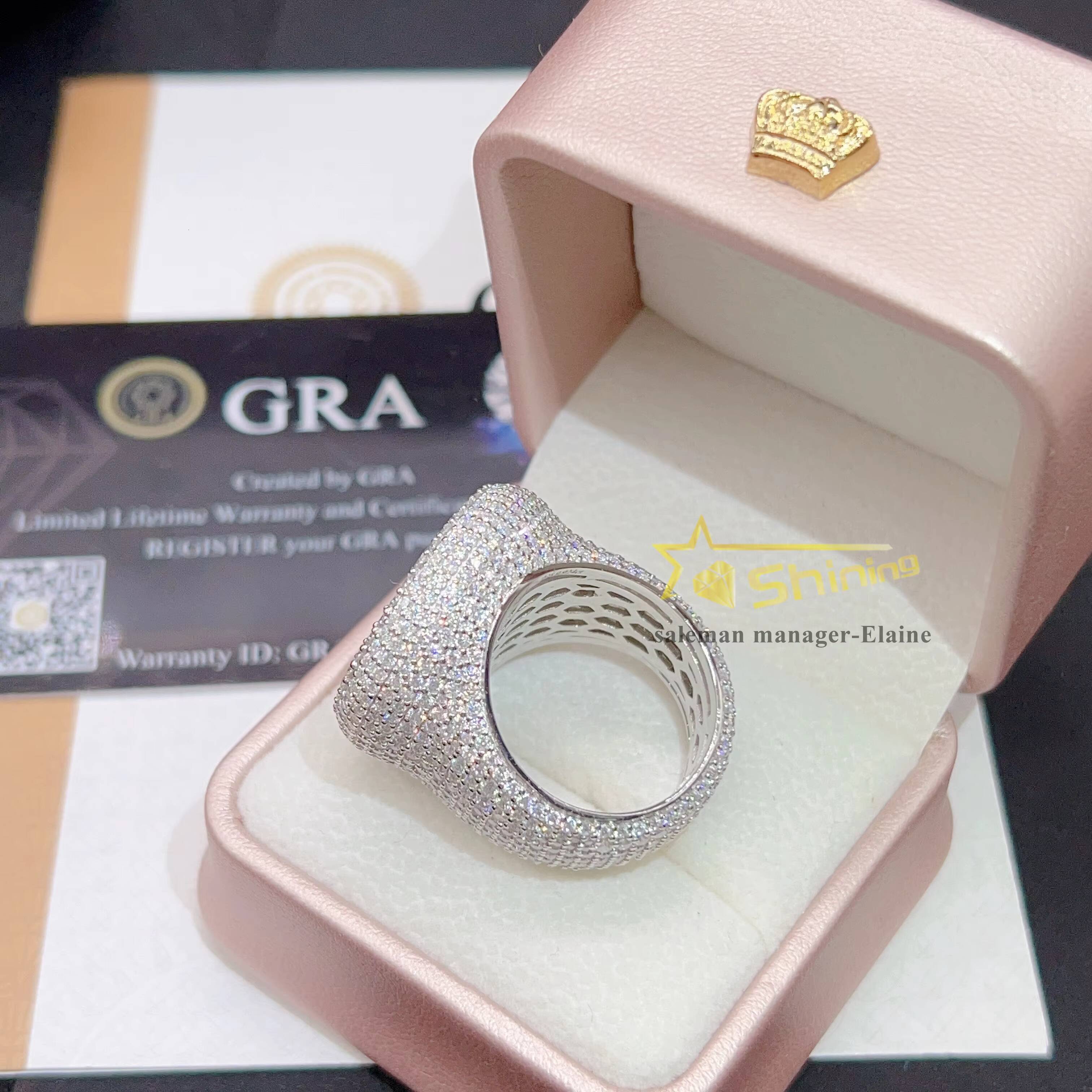 Fine Jewelry Sterling Silver 925 Gold Plated Vvs Moissanite Iced Out Hip Hop Rings