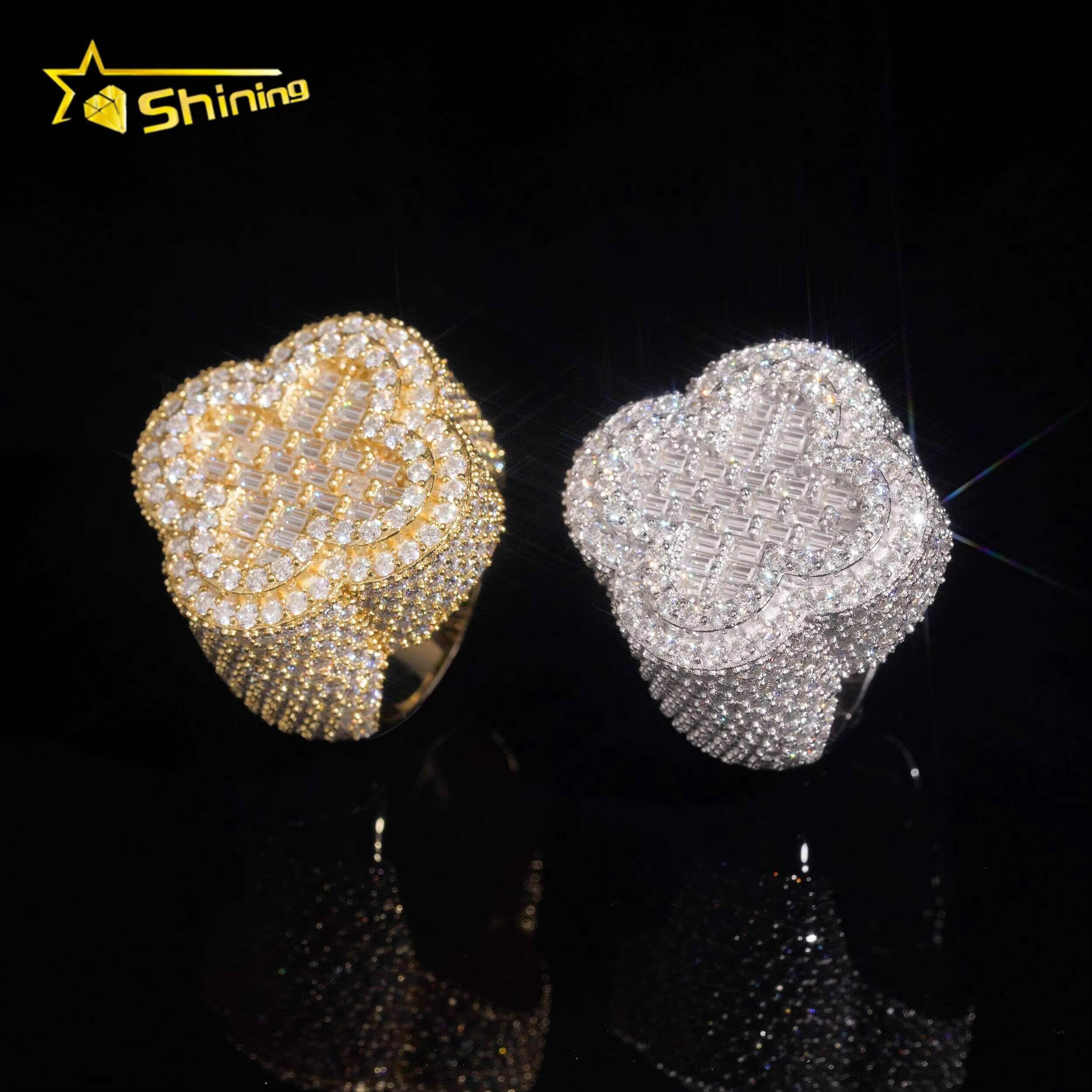 Iced Out Flower Ring GRA Moissanite Pass Diamond Test 925 Sterling Silver Gold Plated Moissanite Hip Hop Rings