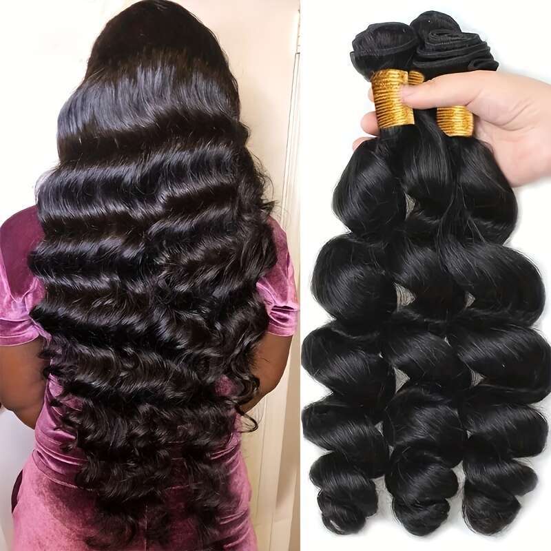 3 Bundles Brazilian Virgin - Natural Black Weave Women, Long Loose Wave Curly With & Length, Natural-Looking Hairline, High-Quality Lace Closure