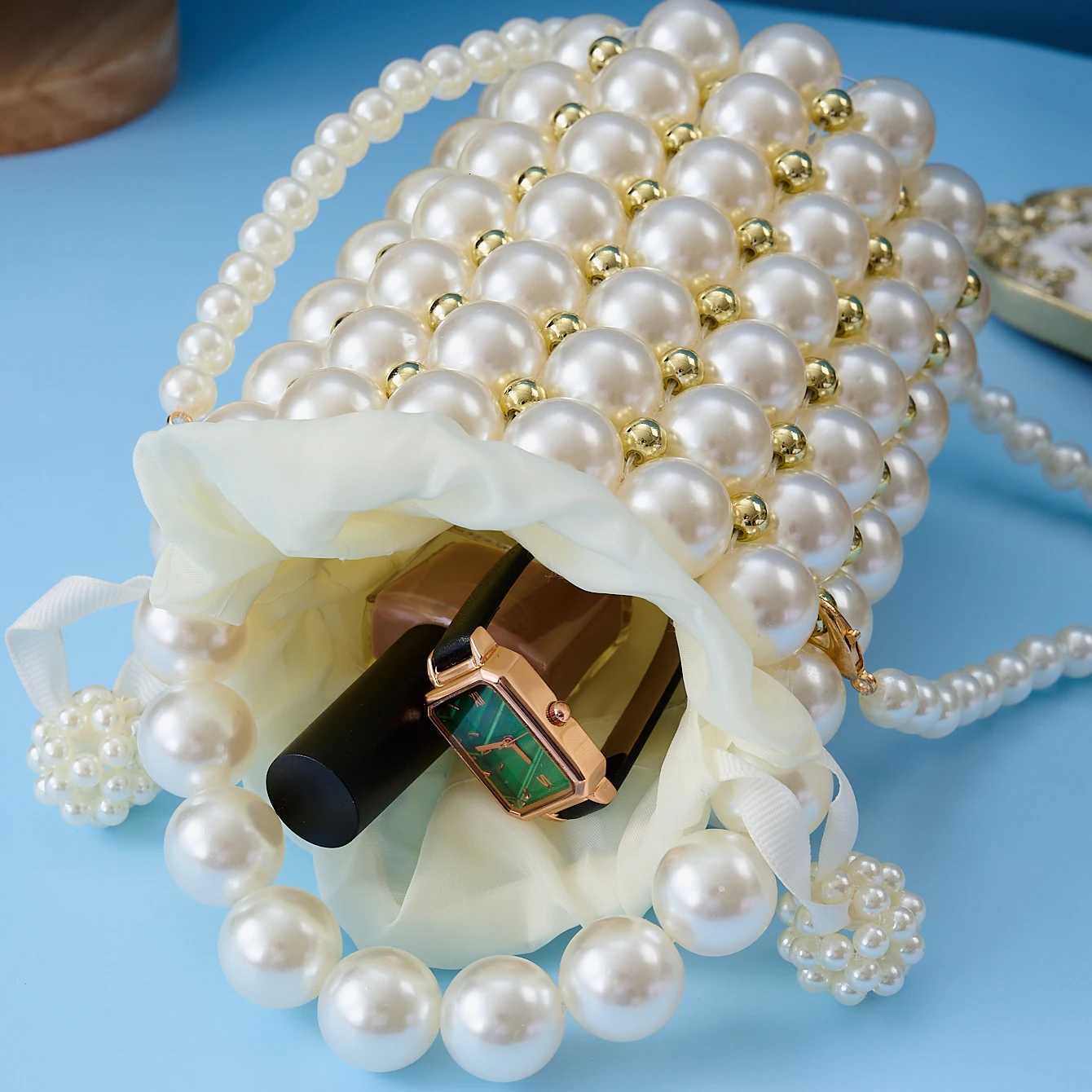 fAshion party women and mini handmade shoulder crossbody bag beaded handbag cluTCh purse pearl bucket bag H251027