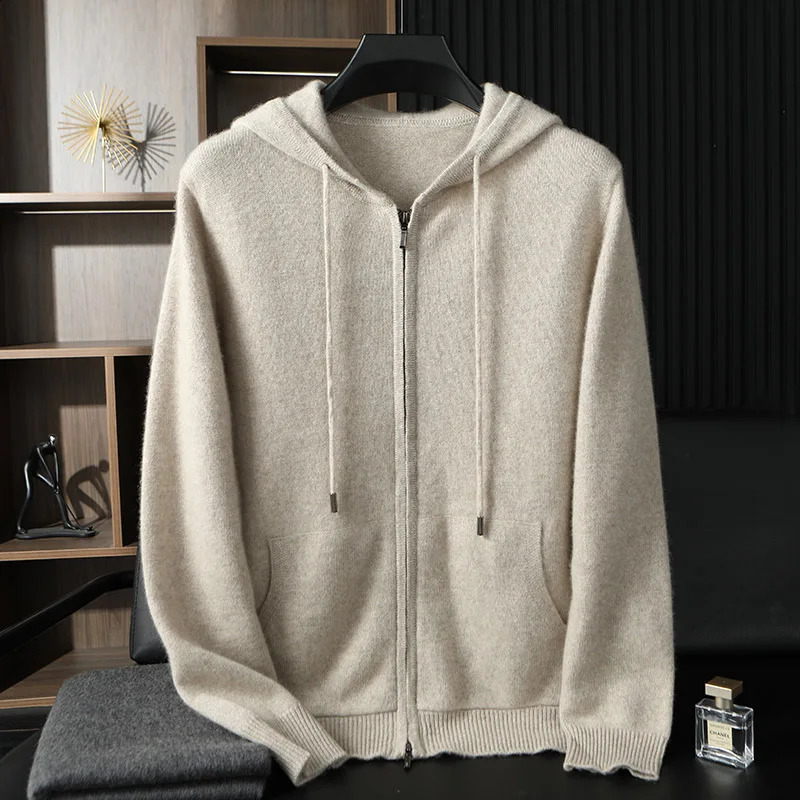Youth Casual 100 Pure Cashmere Mens Fashion Hooded Sweatshirt Loose Knitted Cardigan Sports Top Jacket 251017