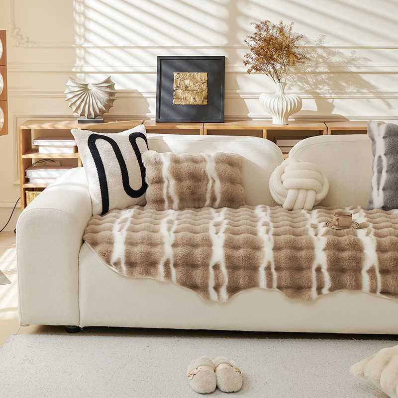 Irregular Gradient Rabbit Plush Sofa Cushion Winter Anti Slip Sofa Cover for Living Room Anti Cat Scratch EasyCare Seat Cushion C251028