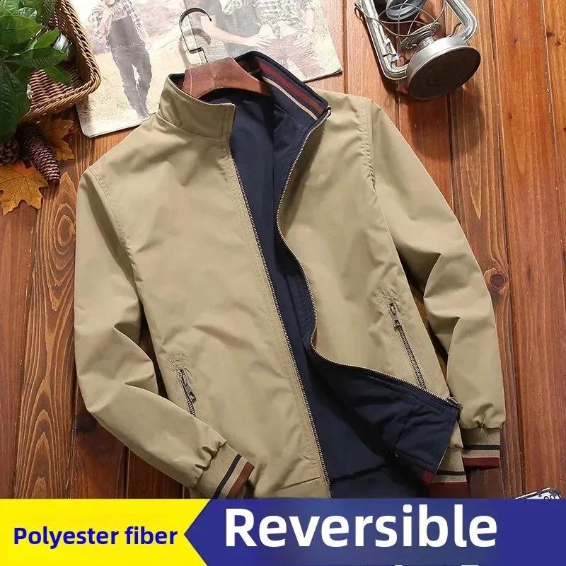 Mens Double Sided Wear Jacket Stand Collar Casual Youth Trend for Men Clothing Bomber Military Coat 251027