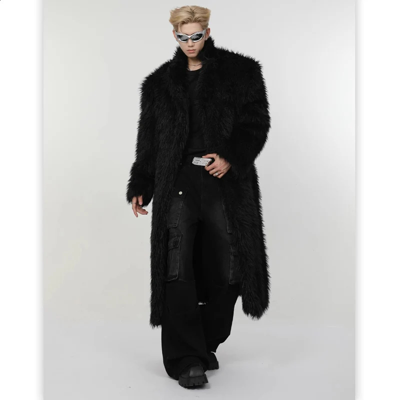 Mens winter artificial mink fur coat long over the knee fox fur wool fashion plush trench coat 251027
