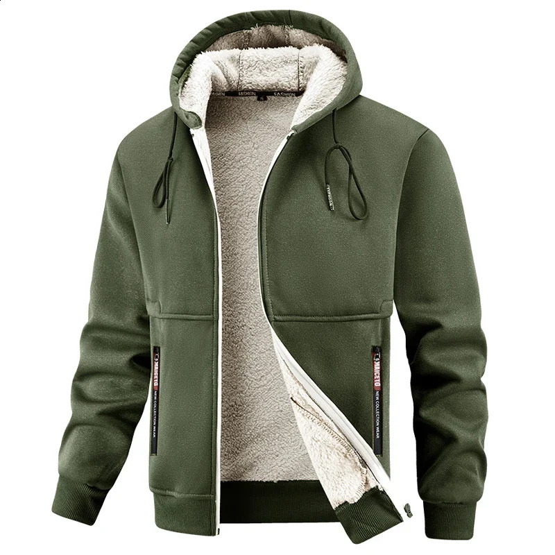 Men Winter Jacket Fleece Lined Hooded Thicken Casual Warm Coat EU Size Solid Loose Hoodie Outwear Parks Mens Clothing Top 251027