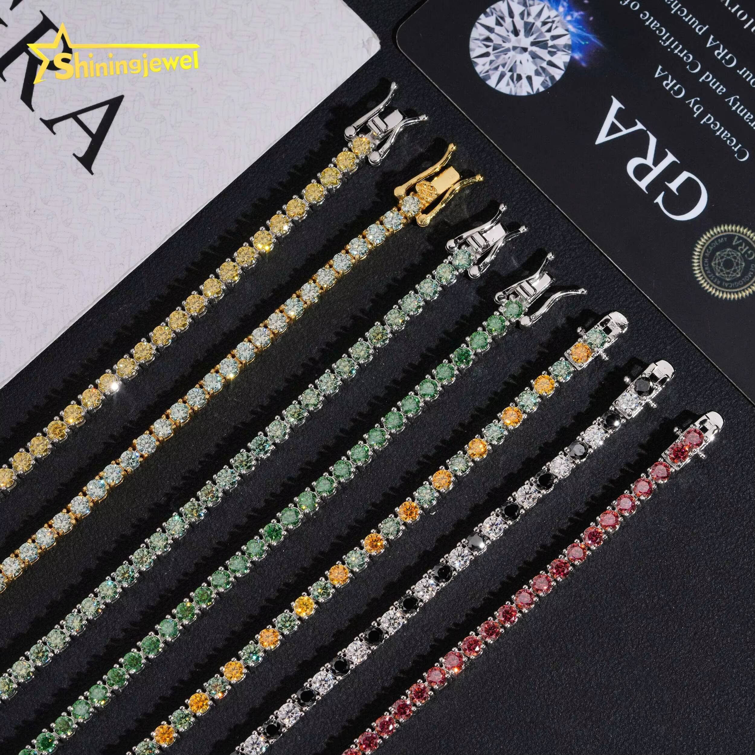 Hip Hop Jewelry 3MM Color Moissanite Diamond Tennis Bracelet 925 Silver Iced Out Moissanite Diamond Pass Diamond Tester
