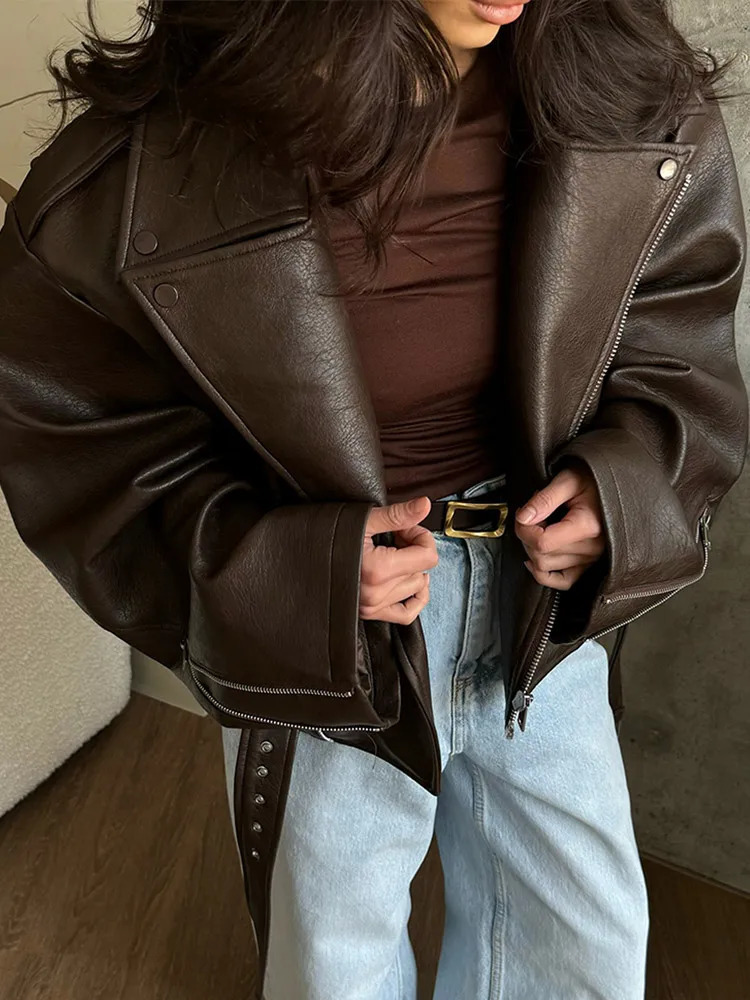 Women Chic Brown Leather Jacket With Belt Chic Long Sleeve Laple Zipper Short Coats 2025 Autumn Ladies Street Biker Jackets 251029