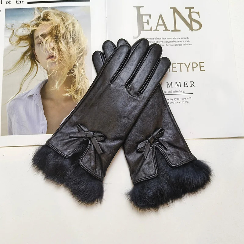 Womens sheepskin bow gloves with warm velvet lining and genuine leather driving gloves 251027