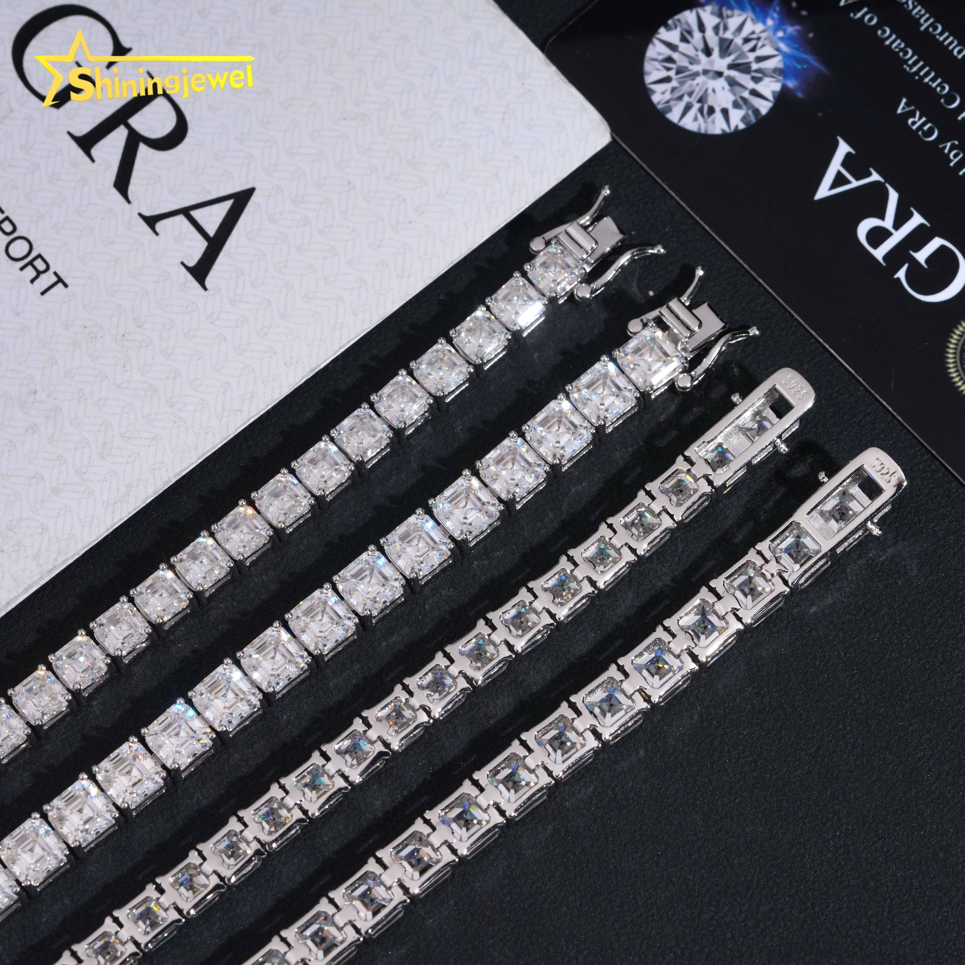 New Design Hip Hop Jewelry Luxury Bracelets Solid 925 Sterling Silver Asscher Cut 5MM 6MM Tennis Bracelet