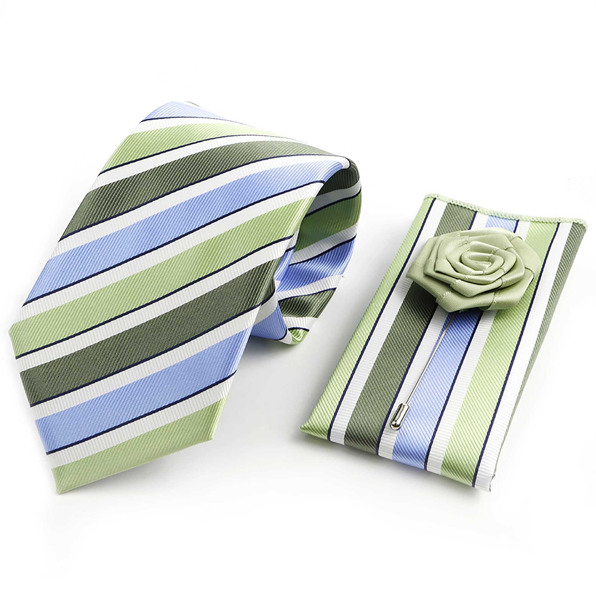 Mens Fashion Striped Tie Hanky Set Floral Brooch Sage Green Red Necktie Set For Men Business Wedding Party Groom Accessory GiftW251028