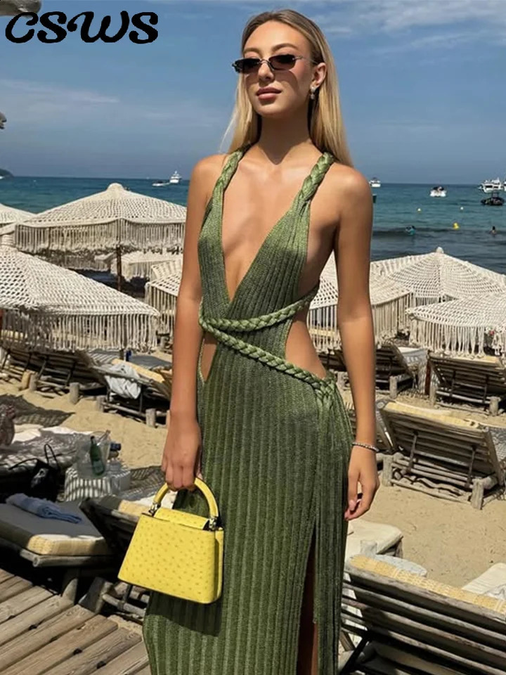 Sexy Knitted Hollow Out Long Dress Women Holiday Sleeveless Backless Ribbon High Split Solid Dresses 2025 Fashion Chic Slim Robe 251027