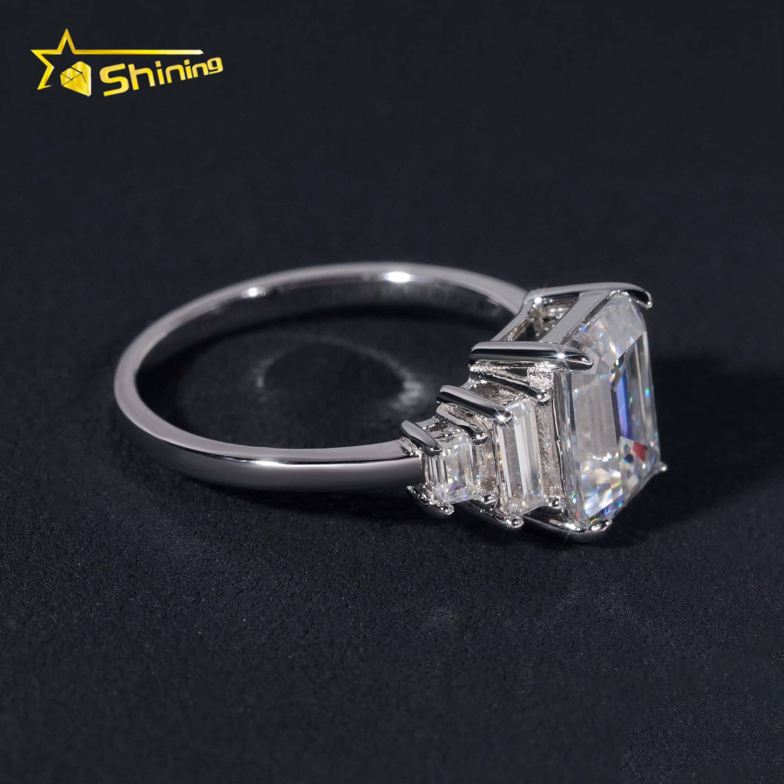 Wholesale Gold Plated Rhodium Plated Vvs Moissanite 925 Silver Diamond Emerald Cut 3ct Women Engagement Wedding Ring