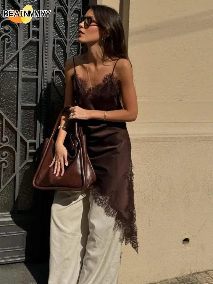 Brown Satin Lace Splicing Sling Dress Women Elegant Irregular Hem V Neck Backless Sleeveless Gown Chic Women Party Club Vestidos 251027
