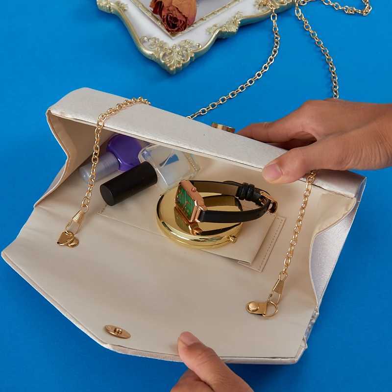 Satin Pleated Envelope Evening Bag Wedding Clutch Cross Rhinestone Wedding Dress Purse with Golden Chain for Red Carpet Bridal H251027