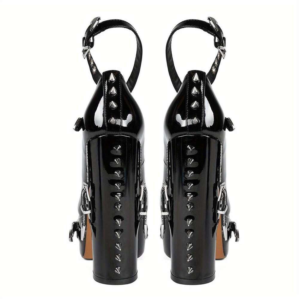 Women's Black Chunky Heel Platform Shoes With Rivet Detailing - High Quality Synthetic Cover Round Toe Pumps, All-Season Comfort For Casual & For