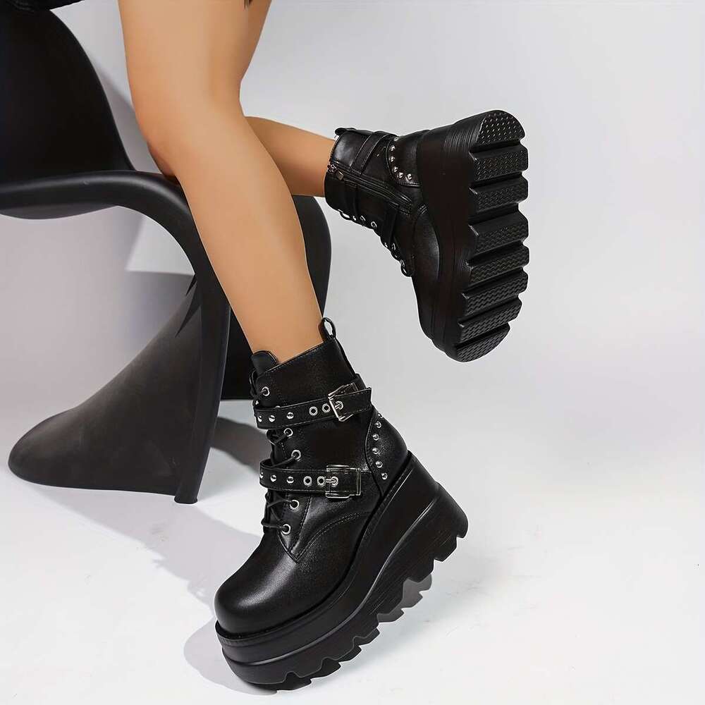Women's Punk Style Ankle Thick Platform Sole, Side Zipper Closure Chunky Buckle Details - Black Synthetic Cover Round Toe Boots With Cushioned In