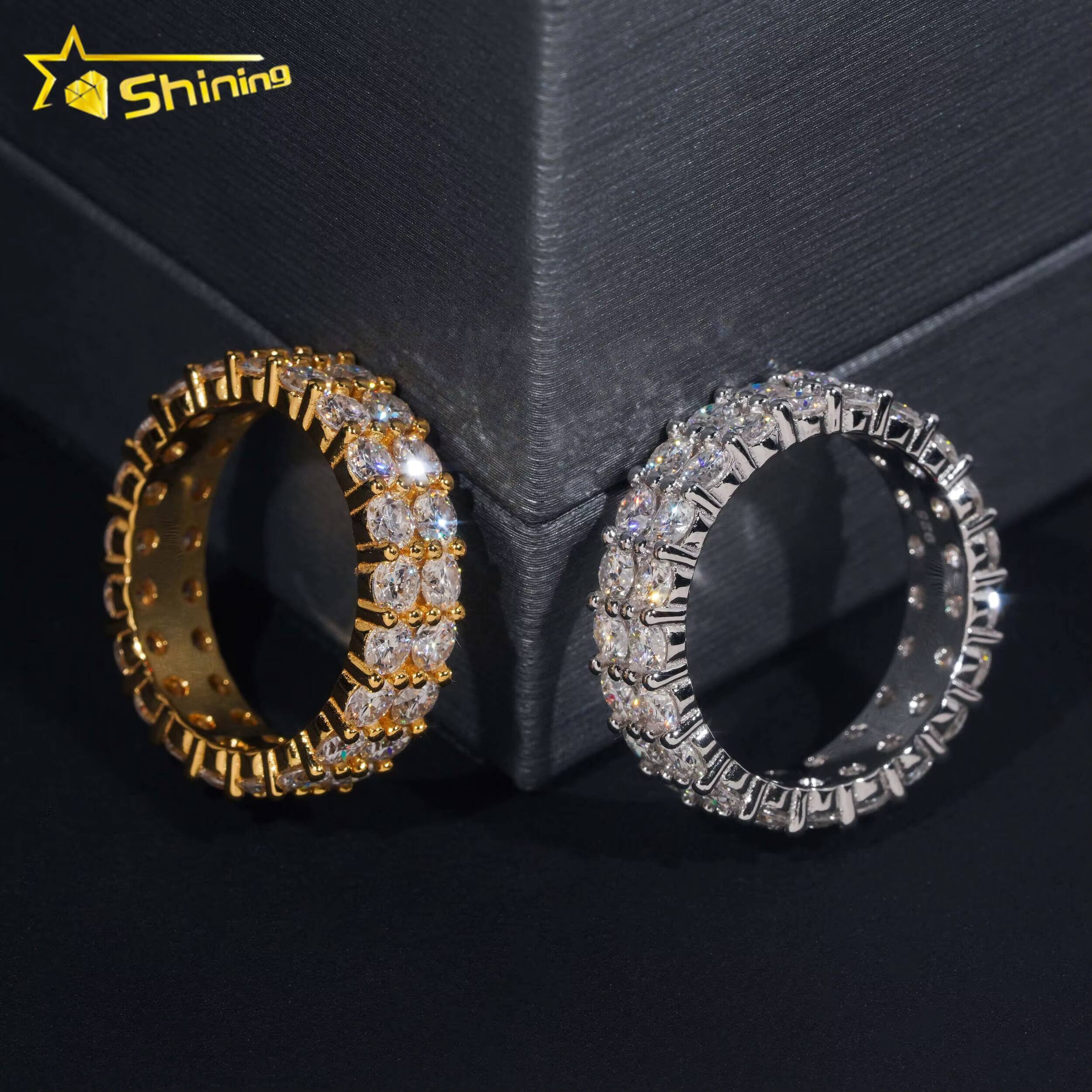 Fine Jewelry GRA Solid 925 Sterling Silver Gold Plated Iced Out Diamond Moissanite Fully Iced Double Rows Wedding Band Ring