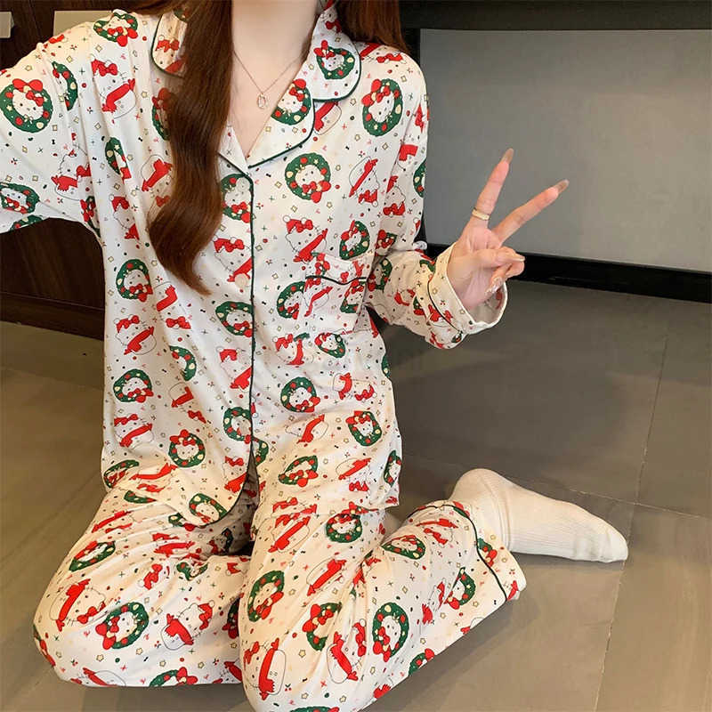Sanrio Hello Kitty Sleepwear Set Women Cute 2025 New Autumn Winter Pajamas Long Sleeve Comfy Home Suit with Xmas Print L251028